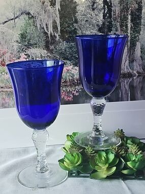 Pair Libbey Martello Cobalt Blue Goblet Wine Glasses